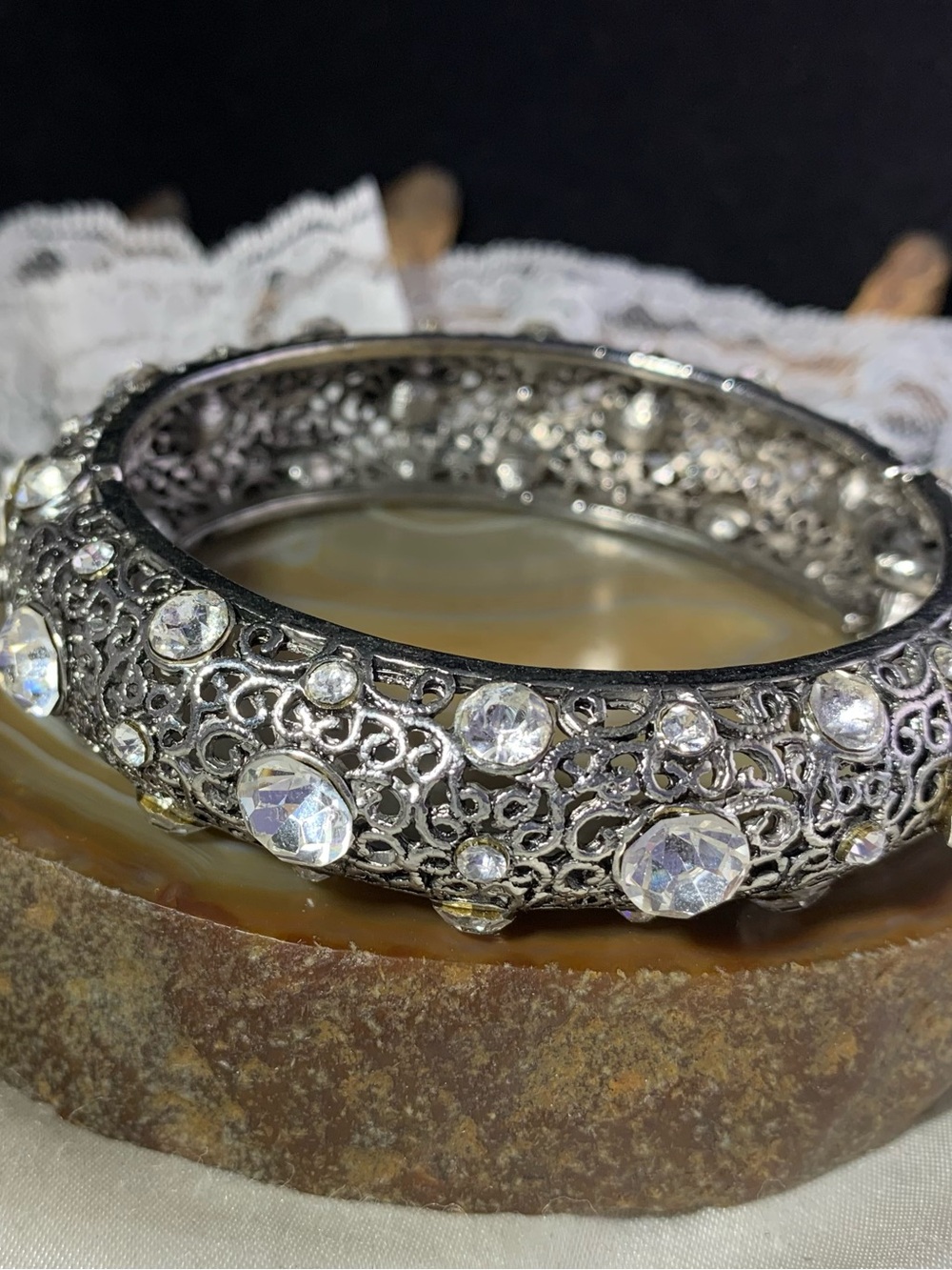 Silver-Tone Filigree Crystal Bangle Bracelet